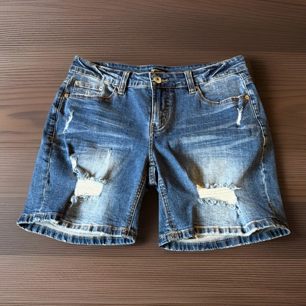 UNIONBAY Supplies Distressed Bermuda Denim Shorts Y2K Grunge Raw Hem Sz 8